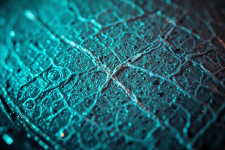 Micrografia de uma seção de pele mostrando a estrutura celular e a profundidade das estrias.
