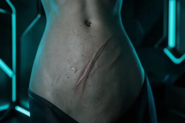 Pele com estrias em diferentes áreas do corpo, como abdômen e coxas.
