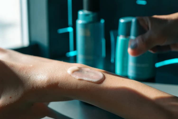 Produtos de proteção solar e hidratantes aplicados na pele para cuidados pré e pós-tratamento de estrias.