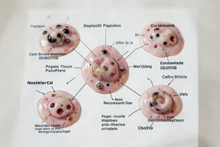 Diagrama mostrando diferentes tipos de lesões de acne, de comedões a nódulos inflamatórios.