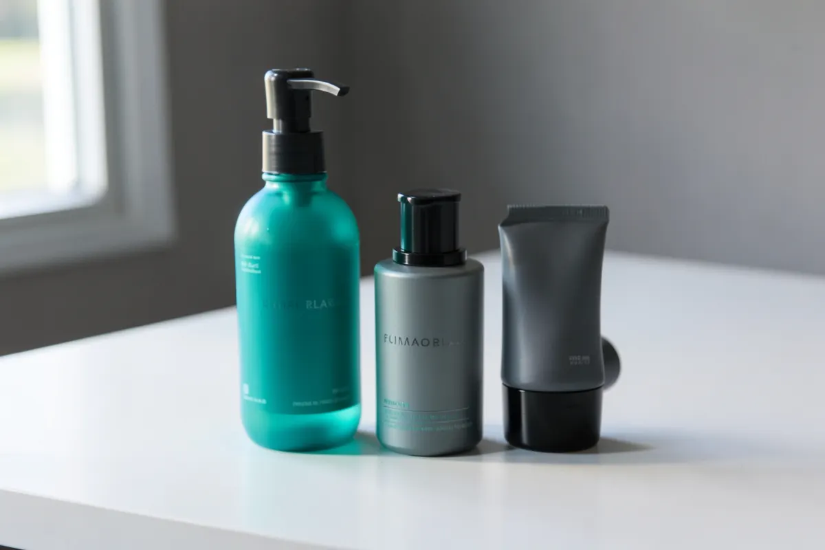 Kit de tratamento de acne com produtos como sabonete, loção e creme, dispostos sobre uma superfície limpa.