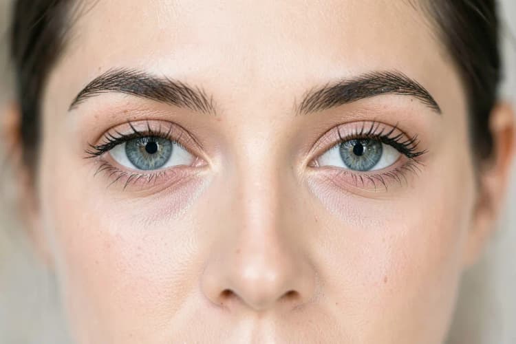 Ilustração esquemática mostrando a área dos olhos antes e depois de um procedimento estético, destacando a melhora na aparência das pálpebras.