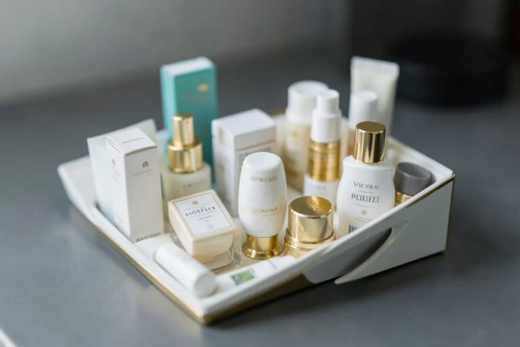 Um pequeno kit de cuidados com a pele contendo miniaturas de cremes e loções, com embalagens elegantes em tons de branco e dourado.