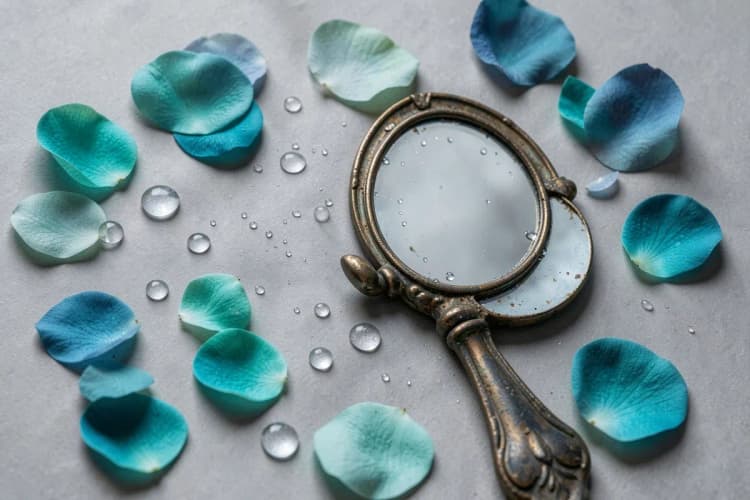 Uma composição de objetos que simbolizam rejuvenescimento e beleza: pétalas de rosa, gotas de água e um espelho de mão.