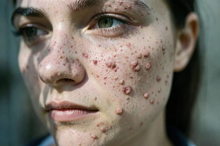 Rosto de uma pessoa com pele acneica, mostrando diversas espinhas e marcas de inflamação.