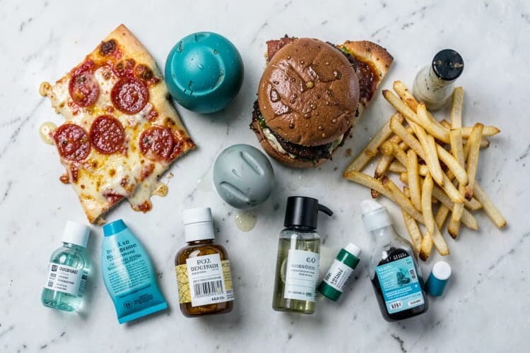 Uma montagem de fatores que causam acne, como alimentos, estresse e produtos de skincare inadequados.