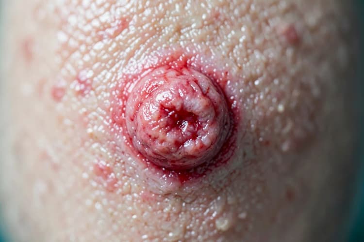 Close-up extremo de uma espinha inflamada, mostrando a pústula e a vermelhidão ao redor.