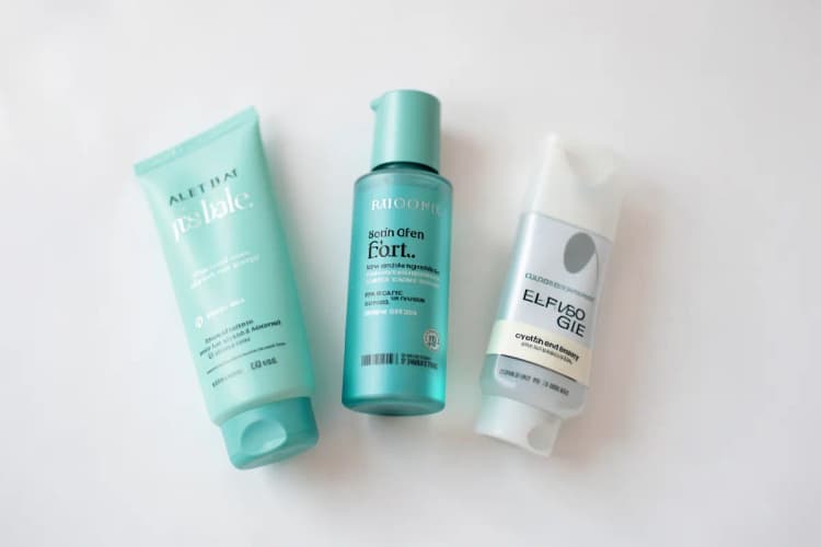Kit de tratamento para pele acneica com produtos como sabonete, tônico e creme.