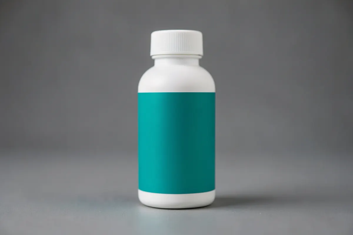 Frasco de um produto antibacteriano com rótulo genérico, sugerindo o combate à acne.