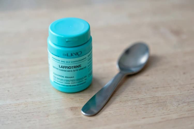 Um frasco de creme dermatológico com um rótulo genérico ao lado de uma pequena espátula sobre uma superfície de madeira clara.