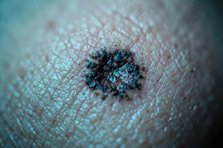Visão ampliada de uma pinta na pele com sinais de alerta como assimetria e mudança de cor.