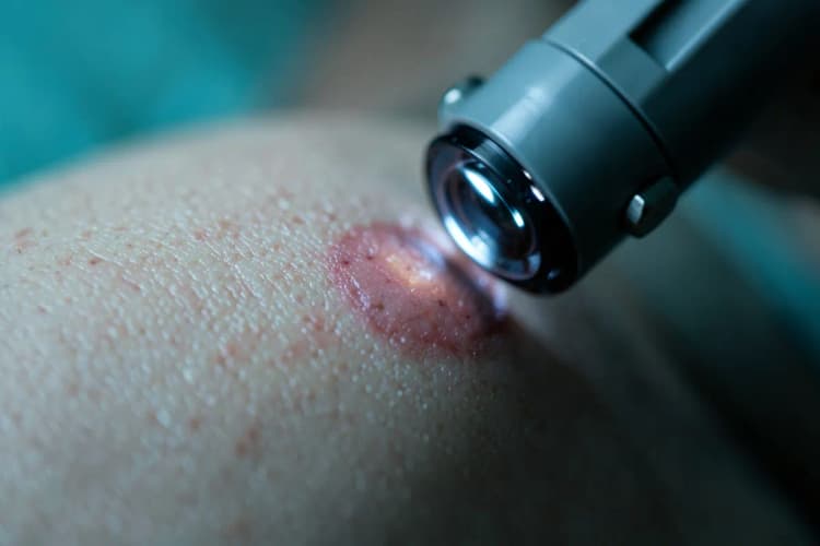 Dermatologista examinando uma lesão de pele com dermatoscópio.